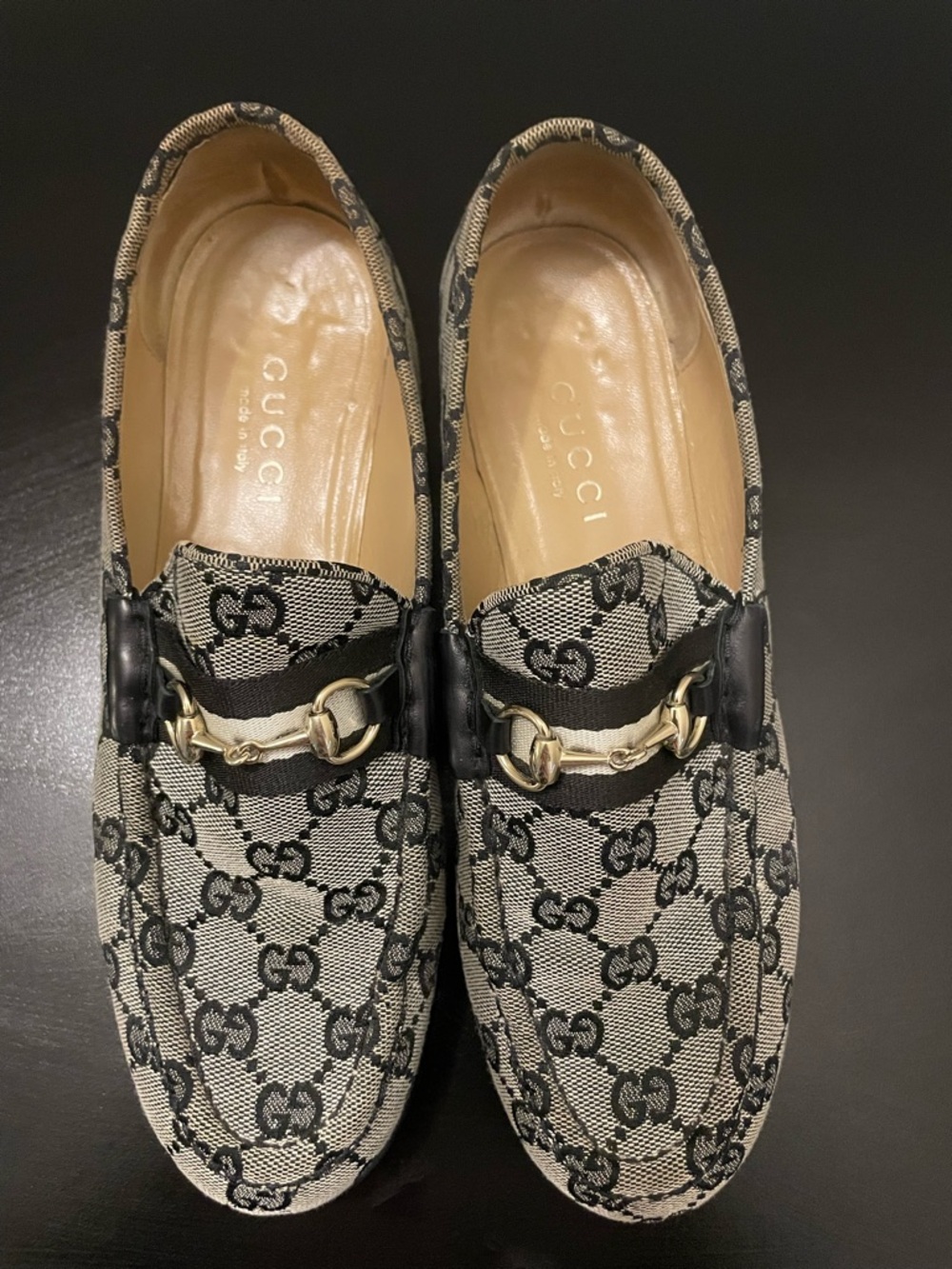 Gucci Monogram Horsebit Loafers in Beige and Black with Gold Hardware